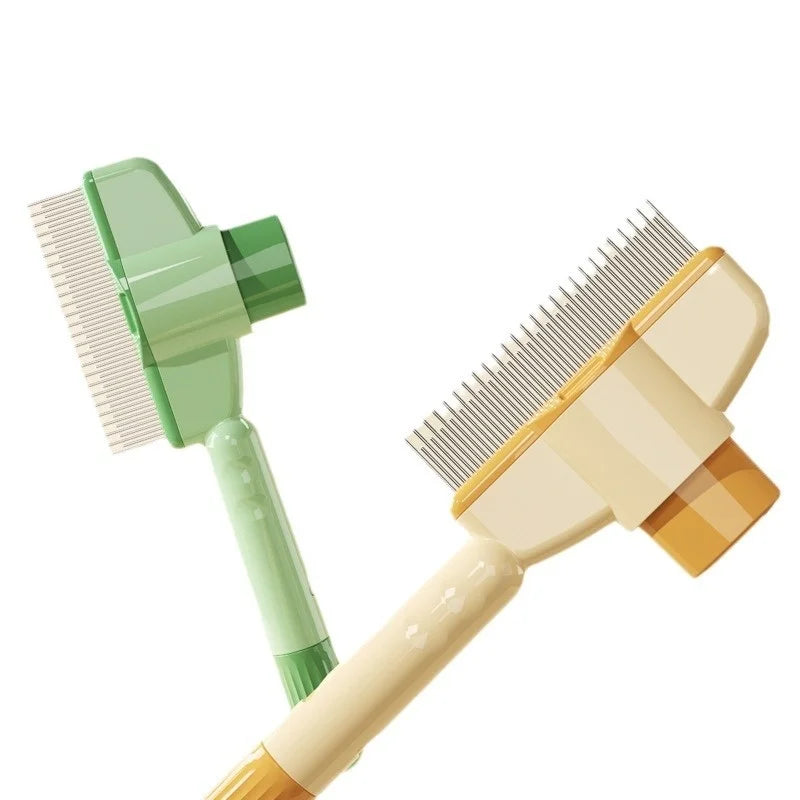 Two pet grooming brushes, one green and one beige with metal bristles, on a white background.