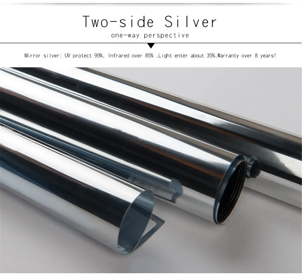 Two side Silver One way mirror film specifications showing UV protection and infrared and light blocking percent blocking heat reduction