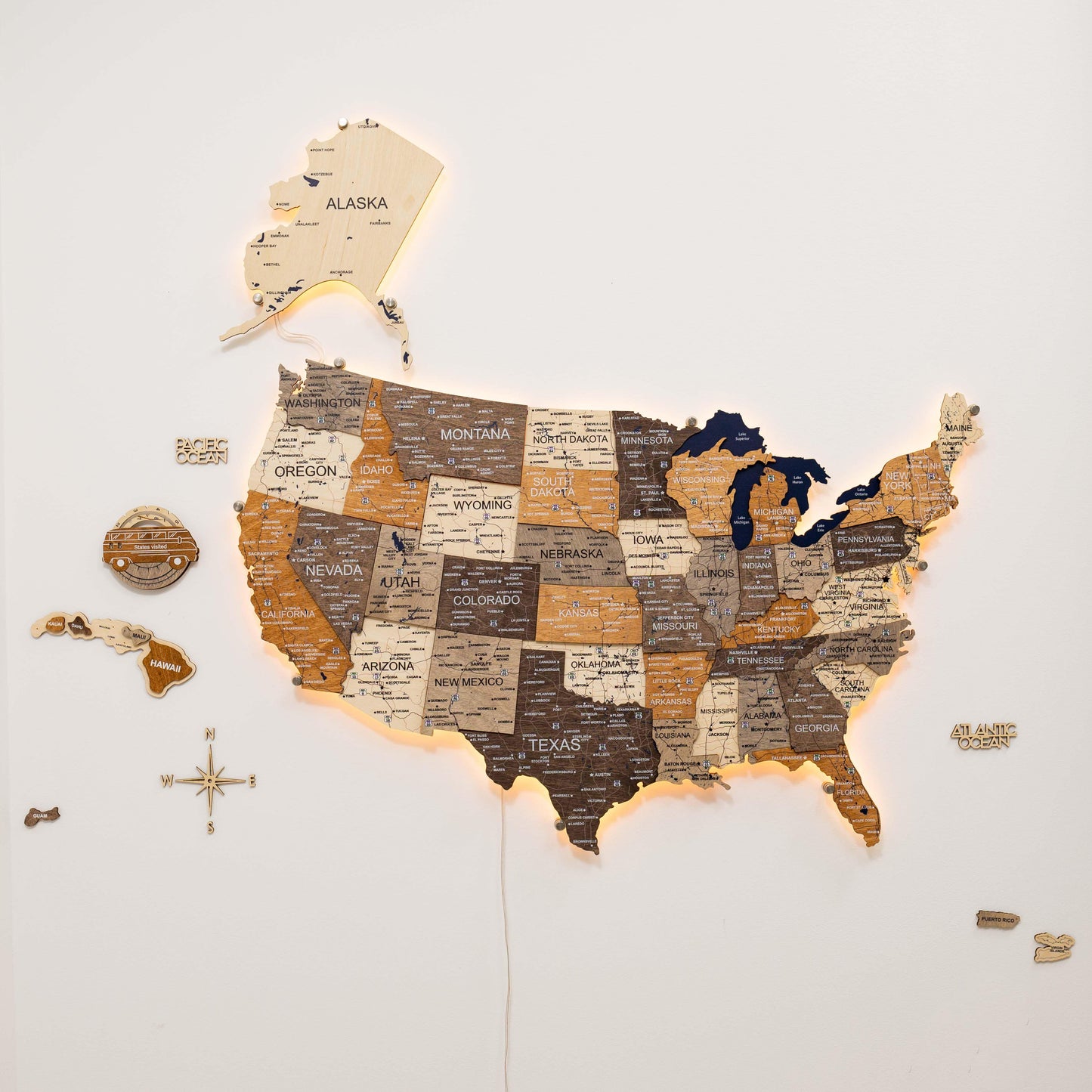 Wooden USA Map Travel Tracker - Multicolor
