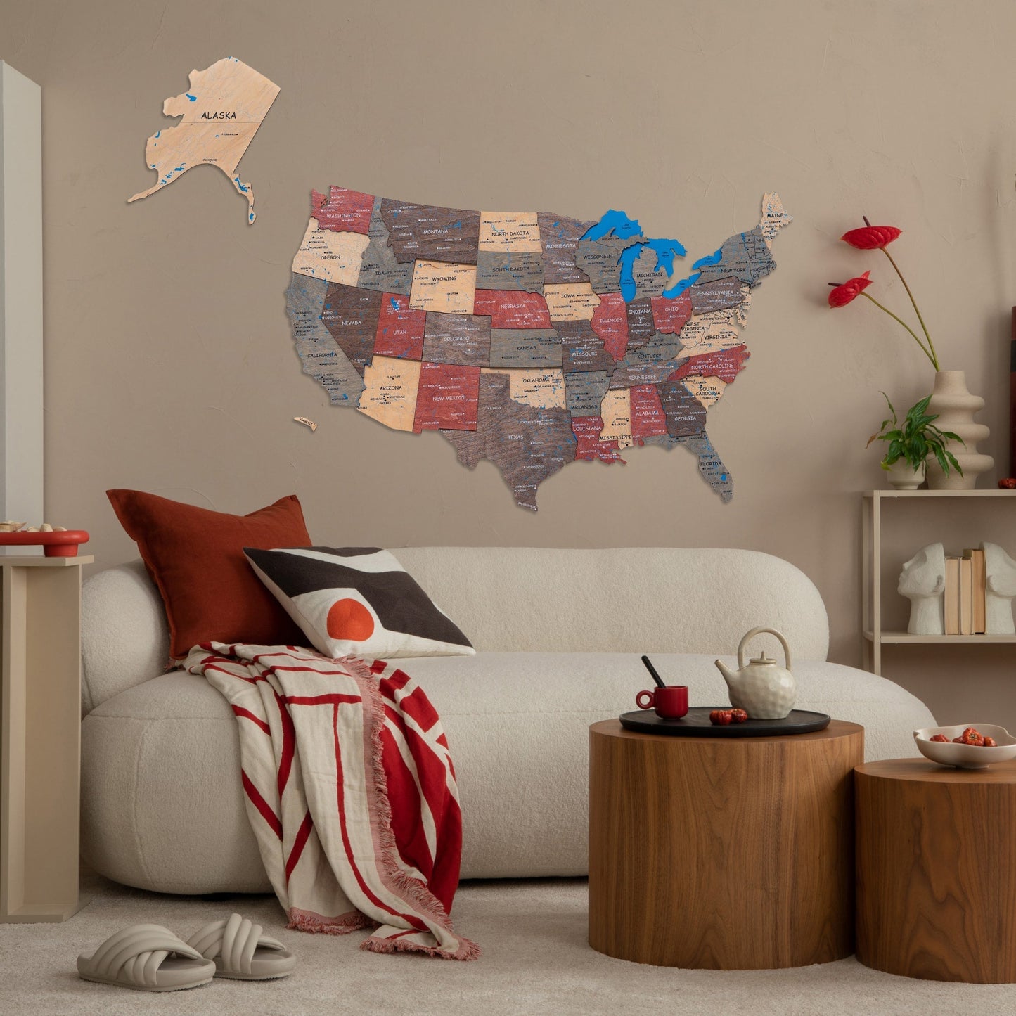 Wood 3D USA map wall art in fusion finish on a wall