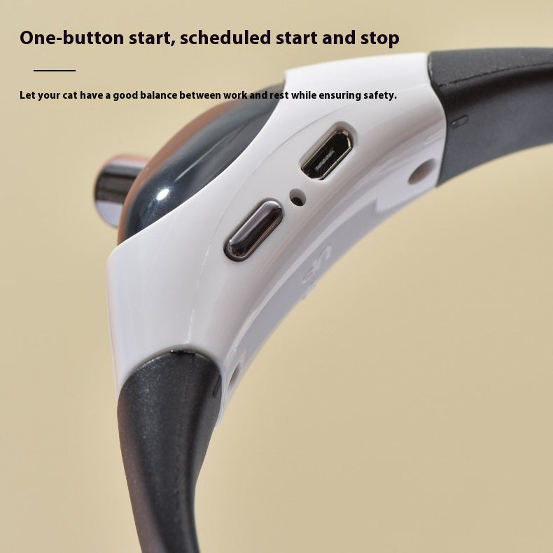 USB charging ports on laser cat collar toy showing one-button start and scheduled timer control features
