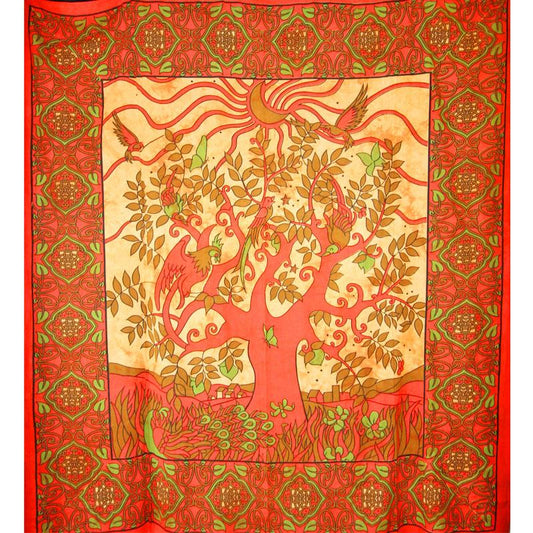 Cotton botanical tapestry with tree, birds and crescent moon, boho wall hanging