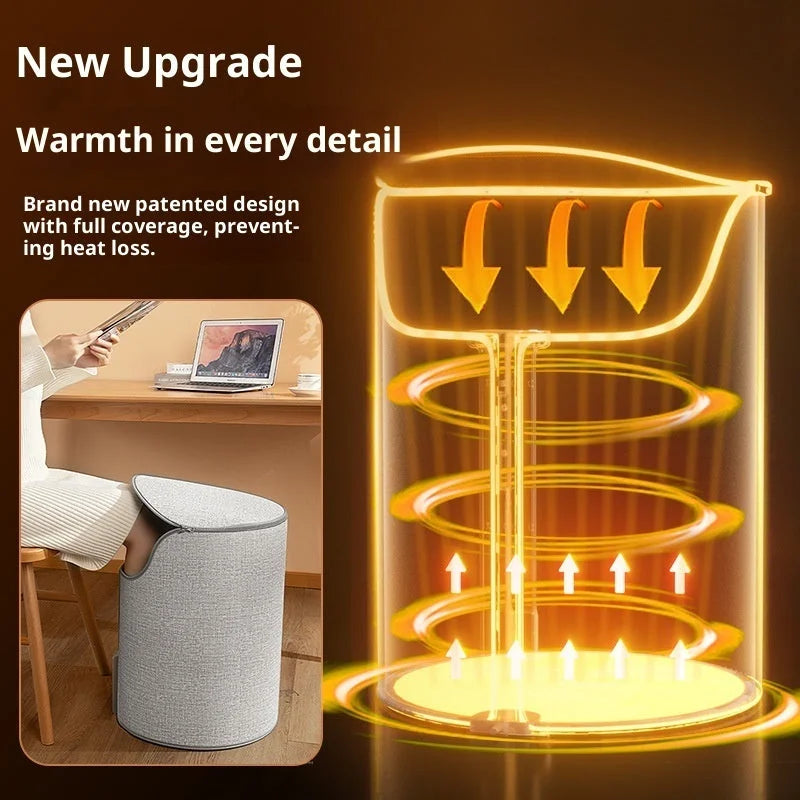 Upgraded foot warmer heating technology diagram showing full coverage heat distribution system
