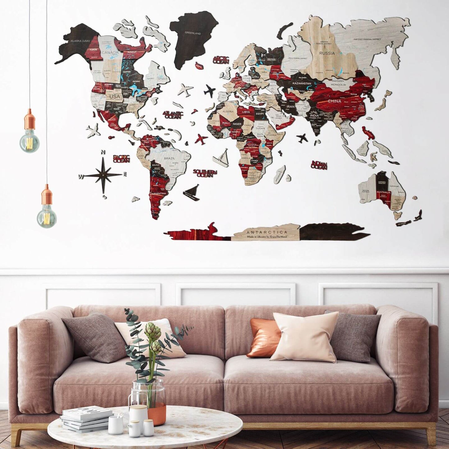 3D Wooden Luminous World Map Wall Art - Urban