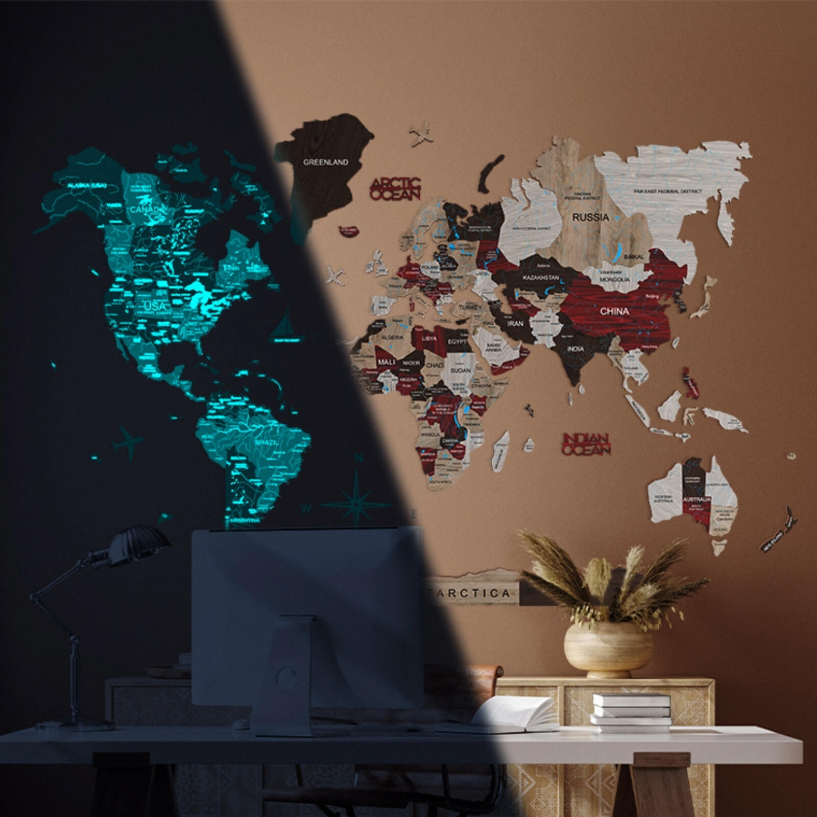 3D wooden luminous world map wall art in Urban palette