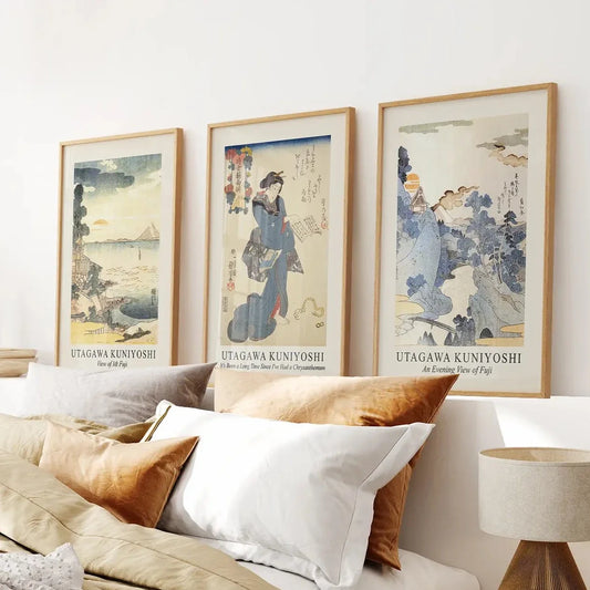 Japanese woodblock wall art set of 3 vintage prints