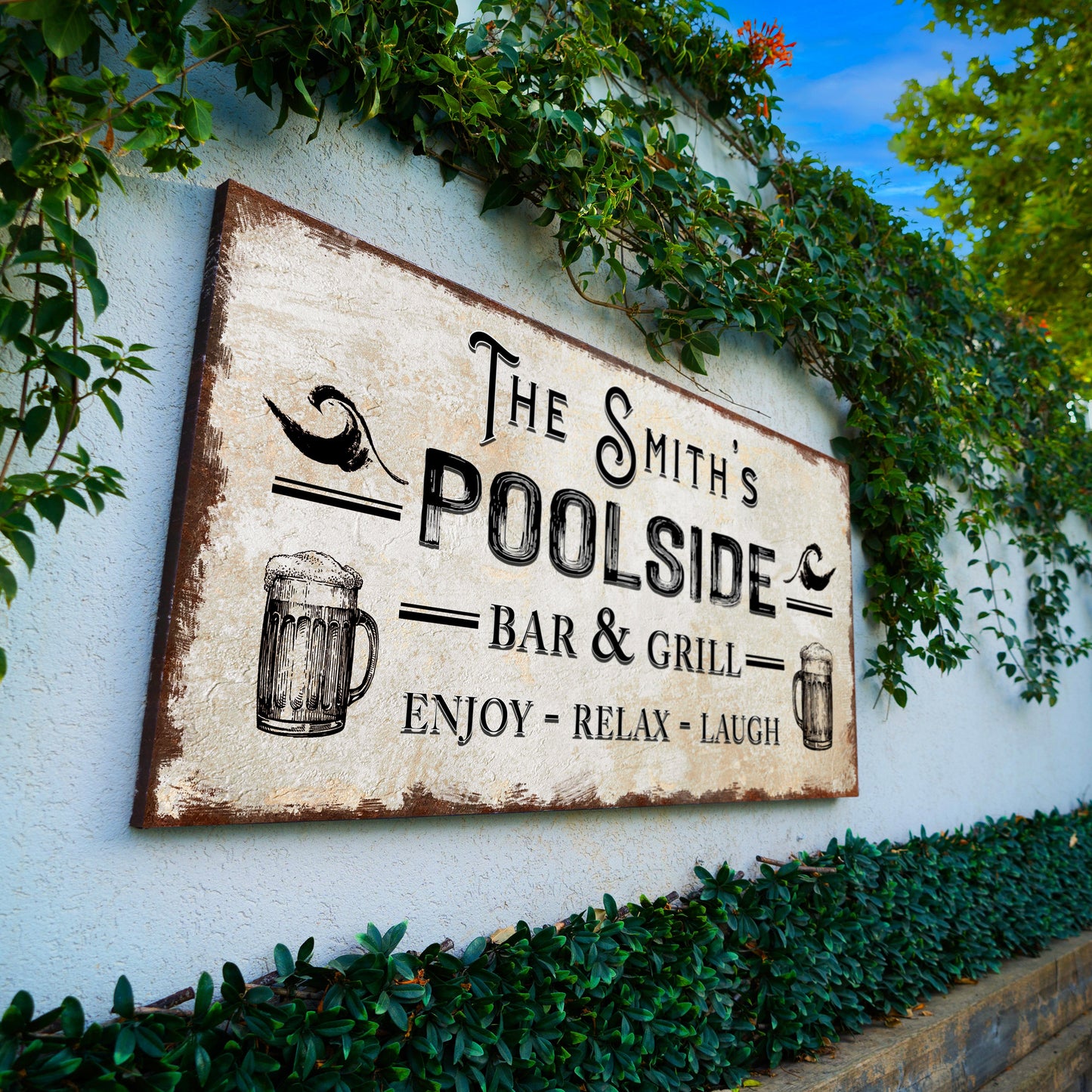 Personalized poolside bar and grill rustic canvas wall sign
