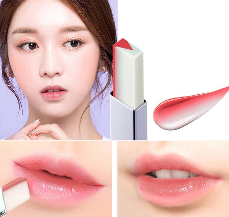 V-cut lipstick bullet close-up showing dual colors