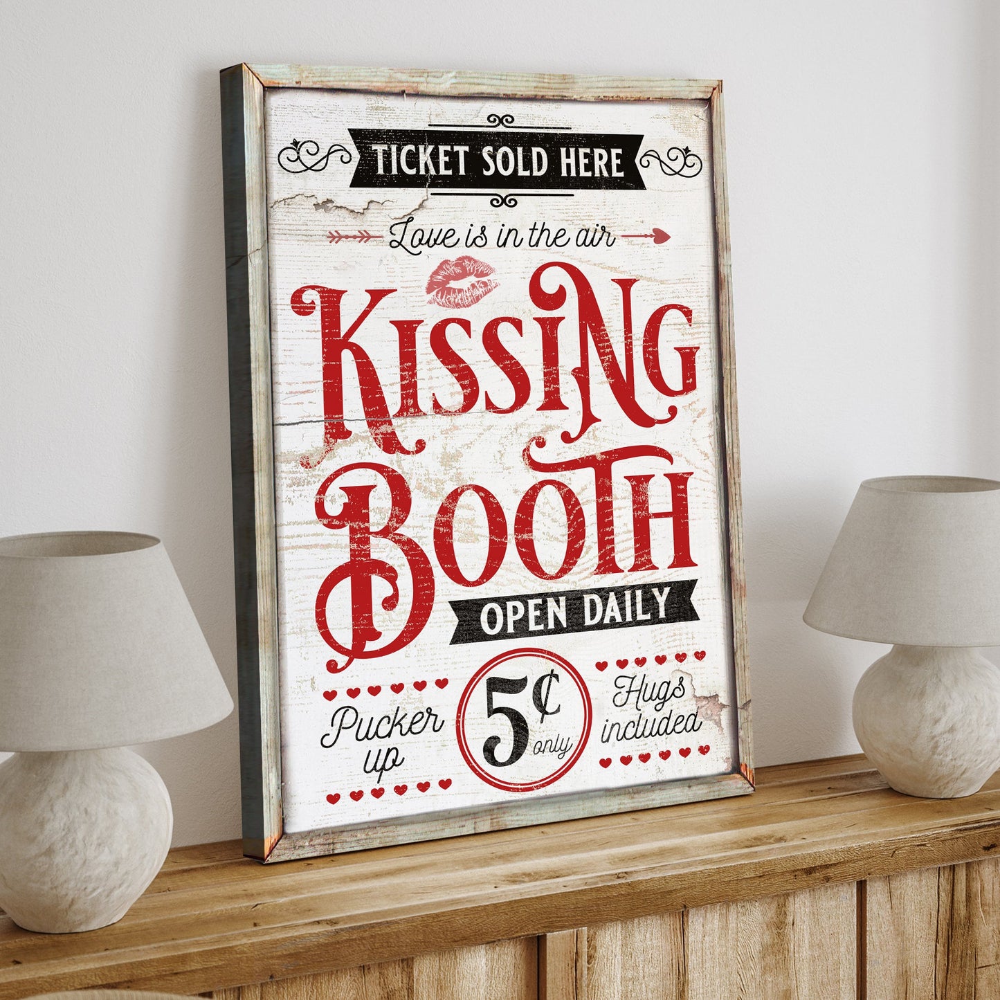 Valentines Day Kissing Booth canvas wall art III, playful retro Valentine love illustration