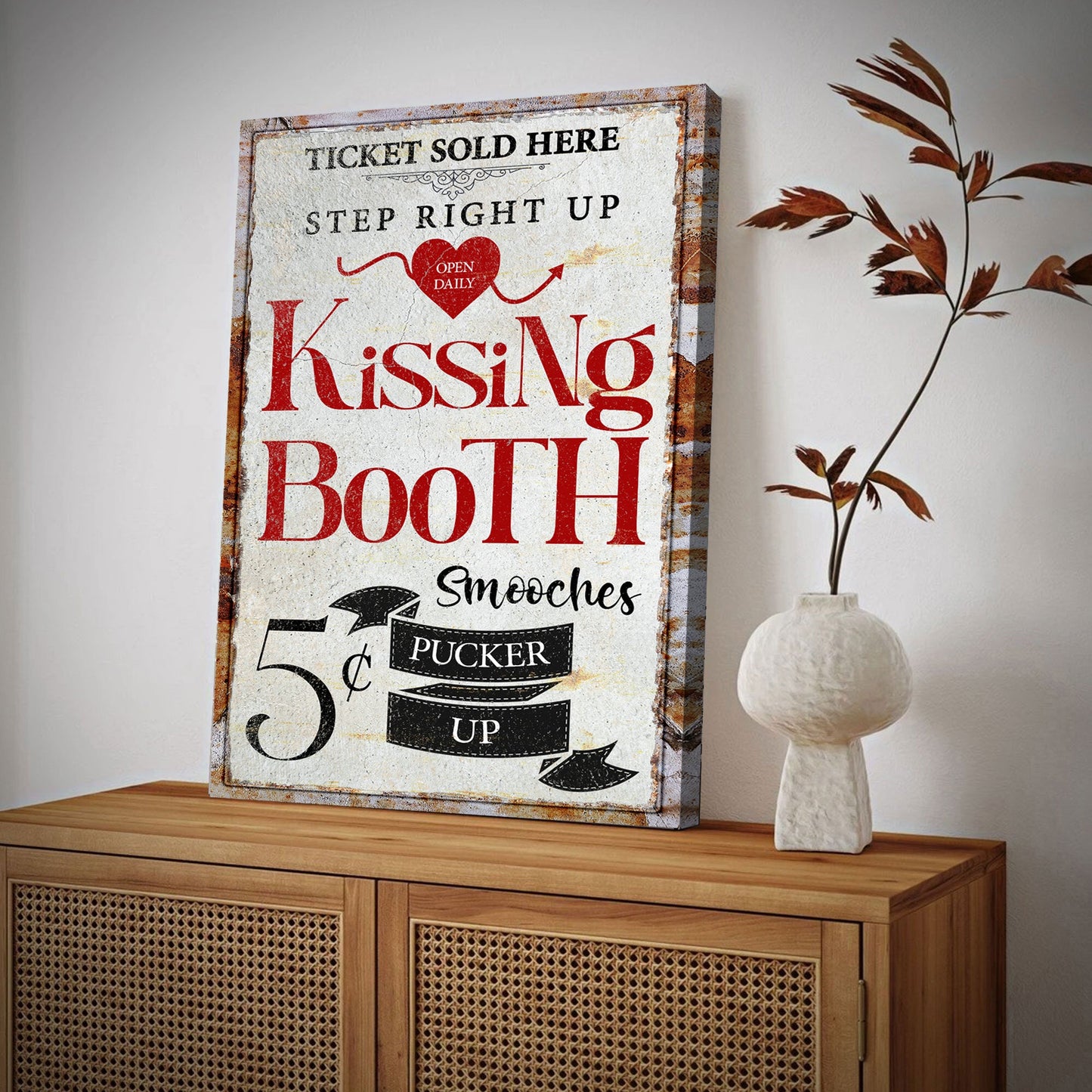 Valentines Day Kissing Booth canvas wall art II, retro illustrated holiday love sign
