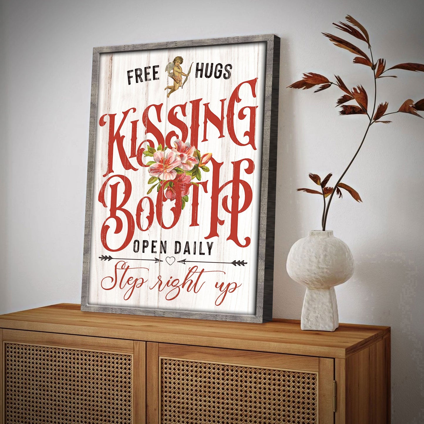 Valentines Day Kissing Booth canvas wall art, vintage-style retro love sign