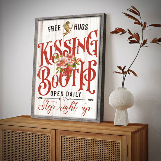 Valentines Day Kissing Booth canvas wall art, vintage-style retro love sign