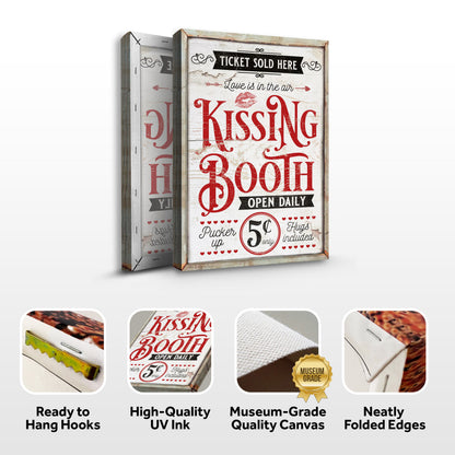 Kissing Booth Open Daily canvas front and side, with text: Ready to Hang Hooks, High-Quality UV Ink, Museum-Grade Quality Canvas, Neatly Folded Edges