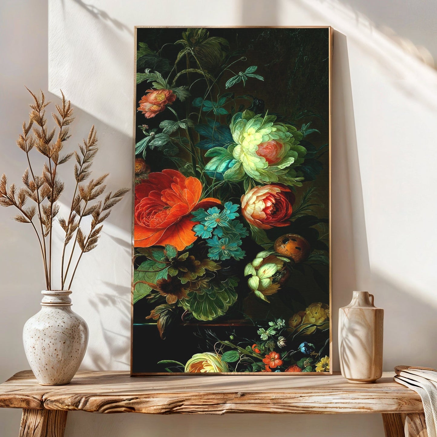 Verdant Elegance floral canvas wall art with vibrant bouquet on dark background