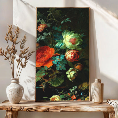 Verdant Elegance floral canvas wall art with vibrant bouquet on dark background