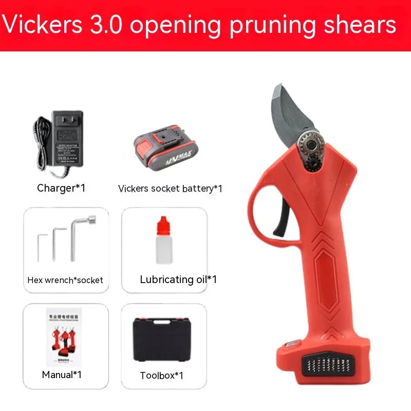 Vickers 3.0 electric pruning shears complete set with charger, battery, hex wrench, lubricating oil, manual, and toolbox
