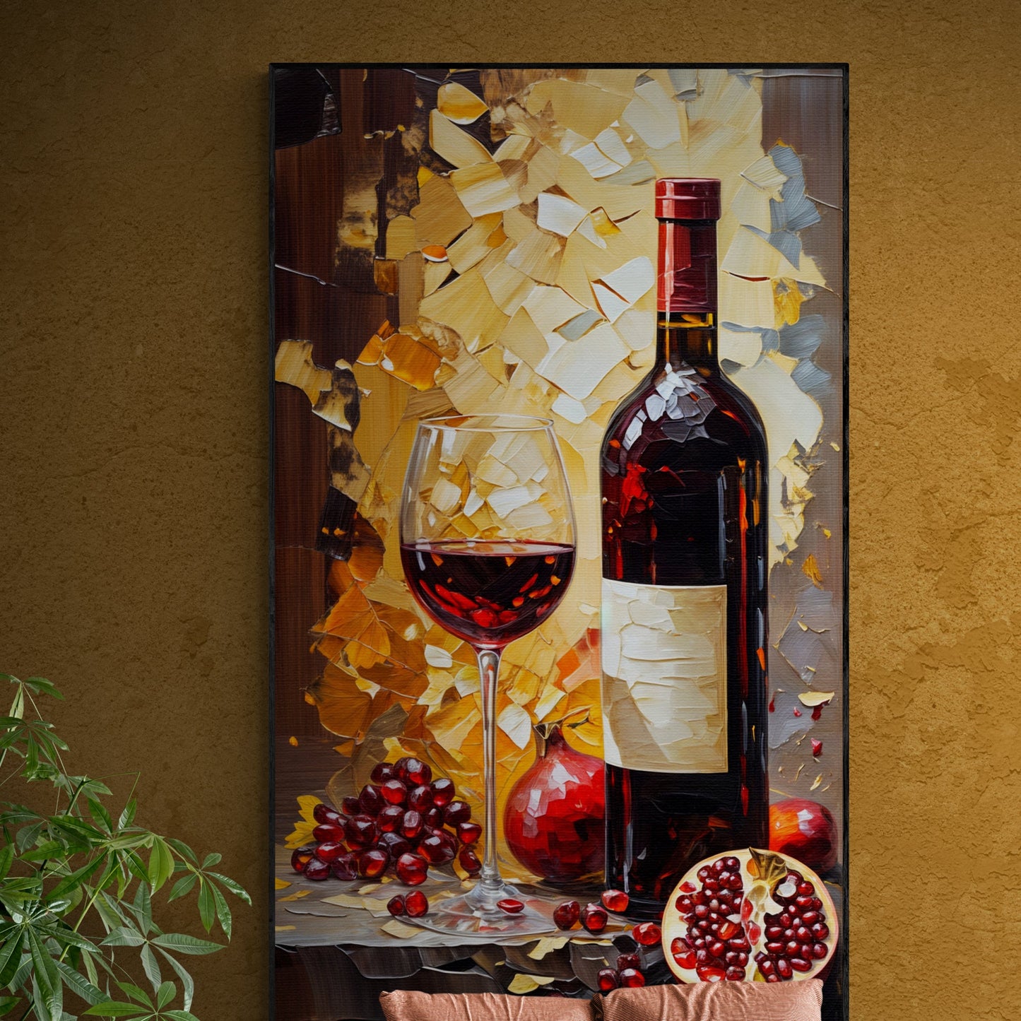 Vinous Harvest wine canvas wall art in warm rich tones with detailed wine design