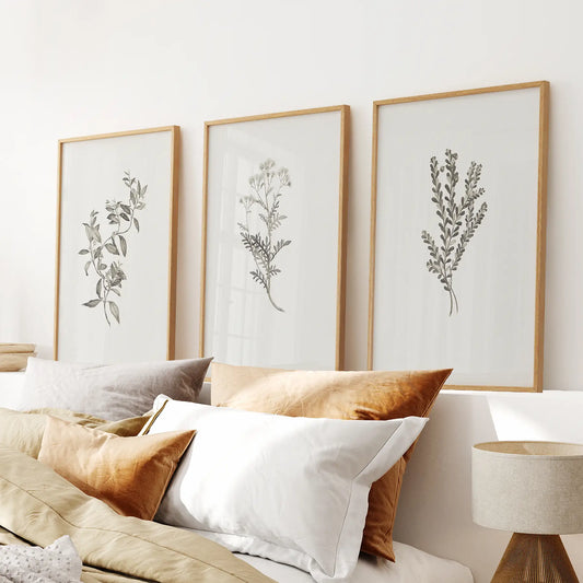 Vintage monochrome botanical wall art set of 3 prints