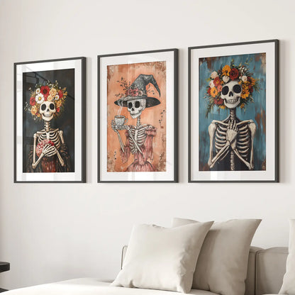 Cozy Floral Skeleton Halloween Wall Art Poster Set