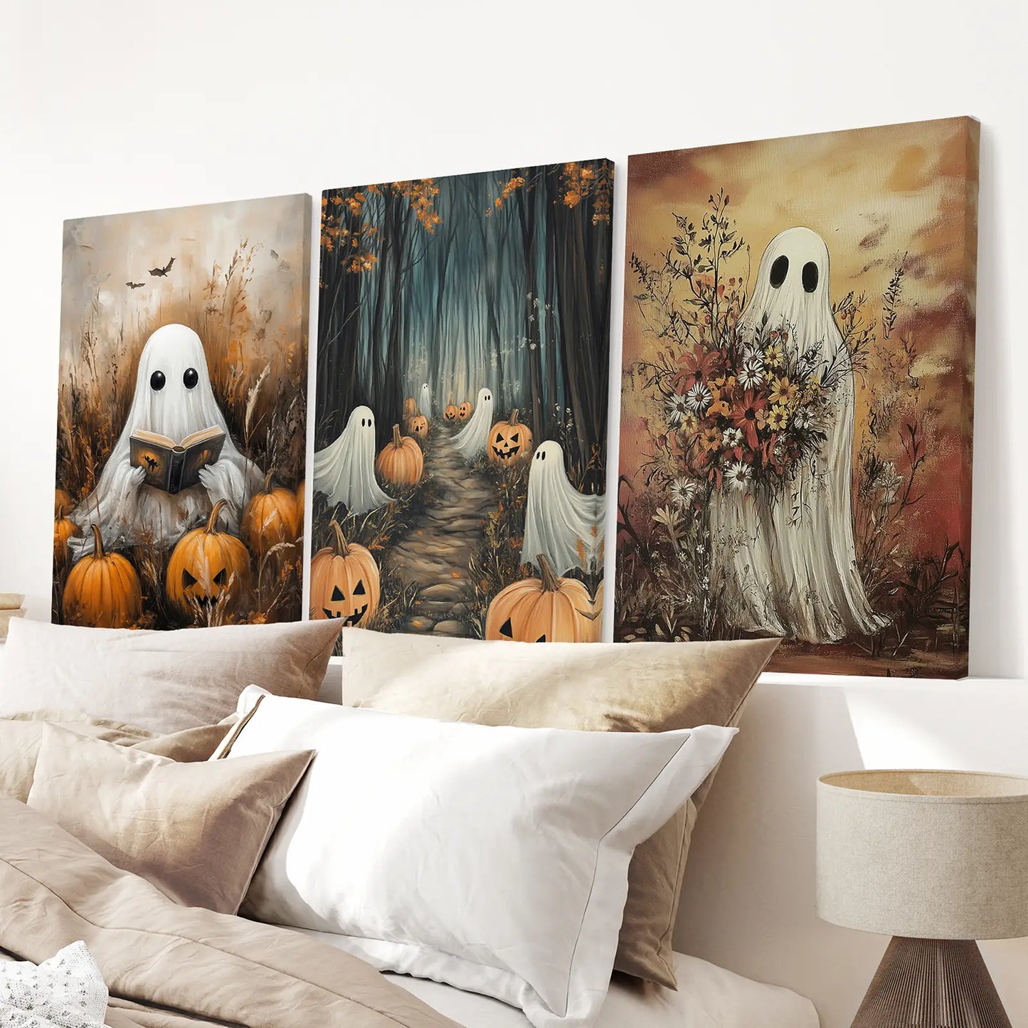 Spooky Ghosts Halloween Wall Art Set of 3 Prints