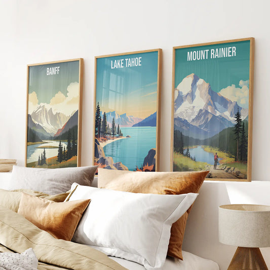 Set of 3 Banff Lake Tahoe Mount Rainier travel landscape wall art prints