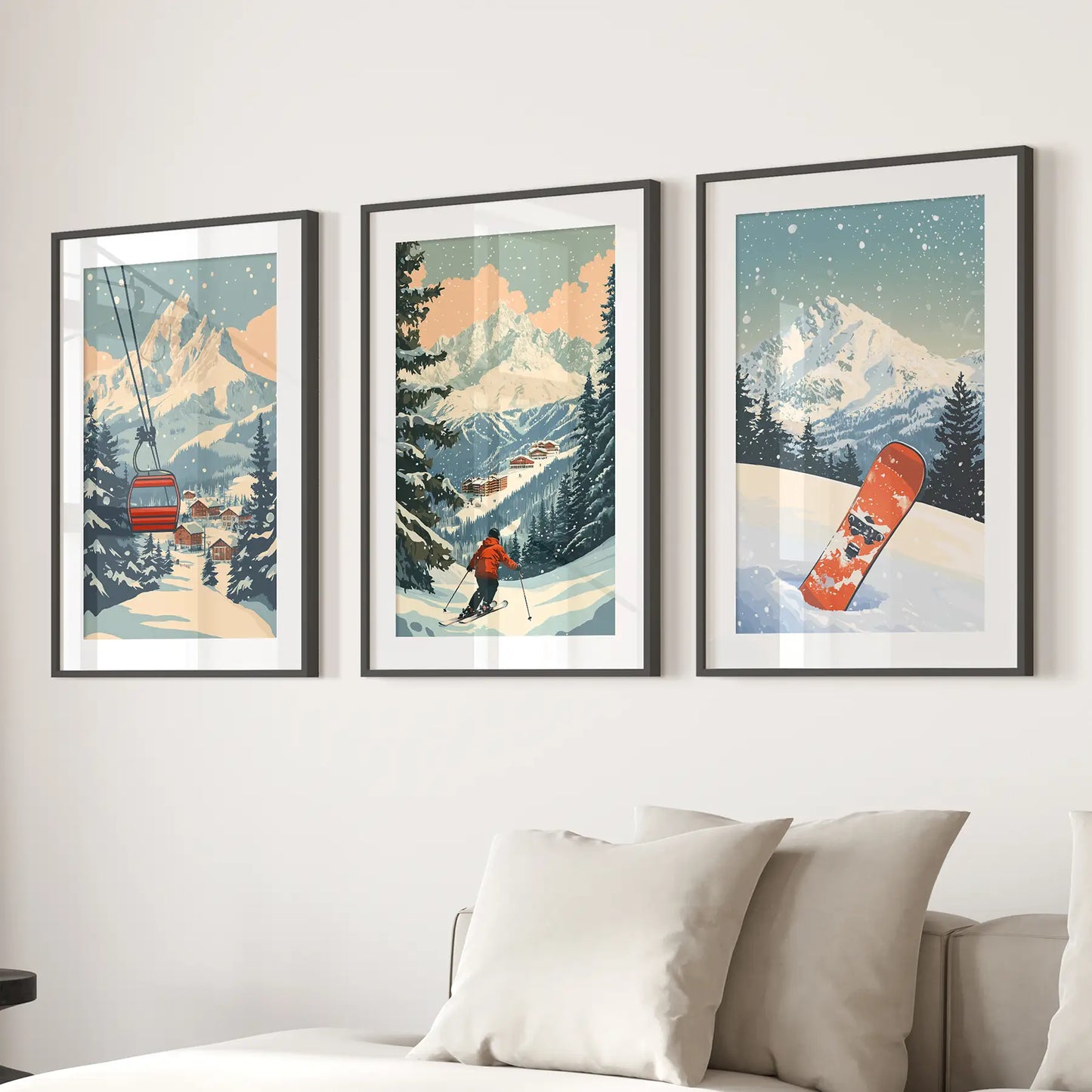 Vintage Ski Wall Art Set of 3 Snowboard and Ski Lift