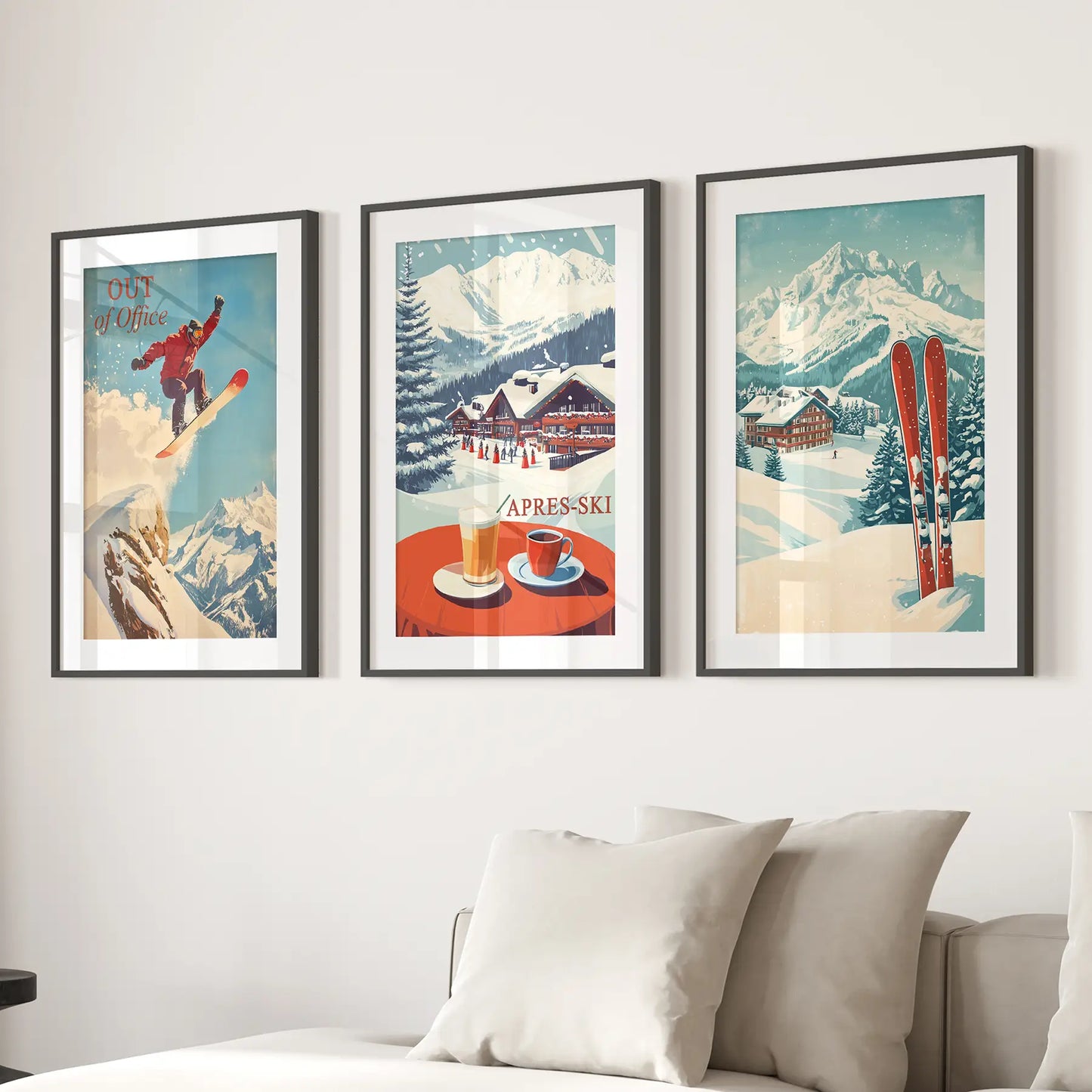 Ski Lodge Wall Art Set of 3 Retro Snowboard Apres Ski