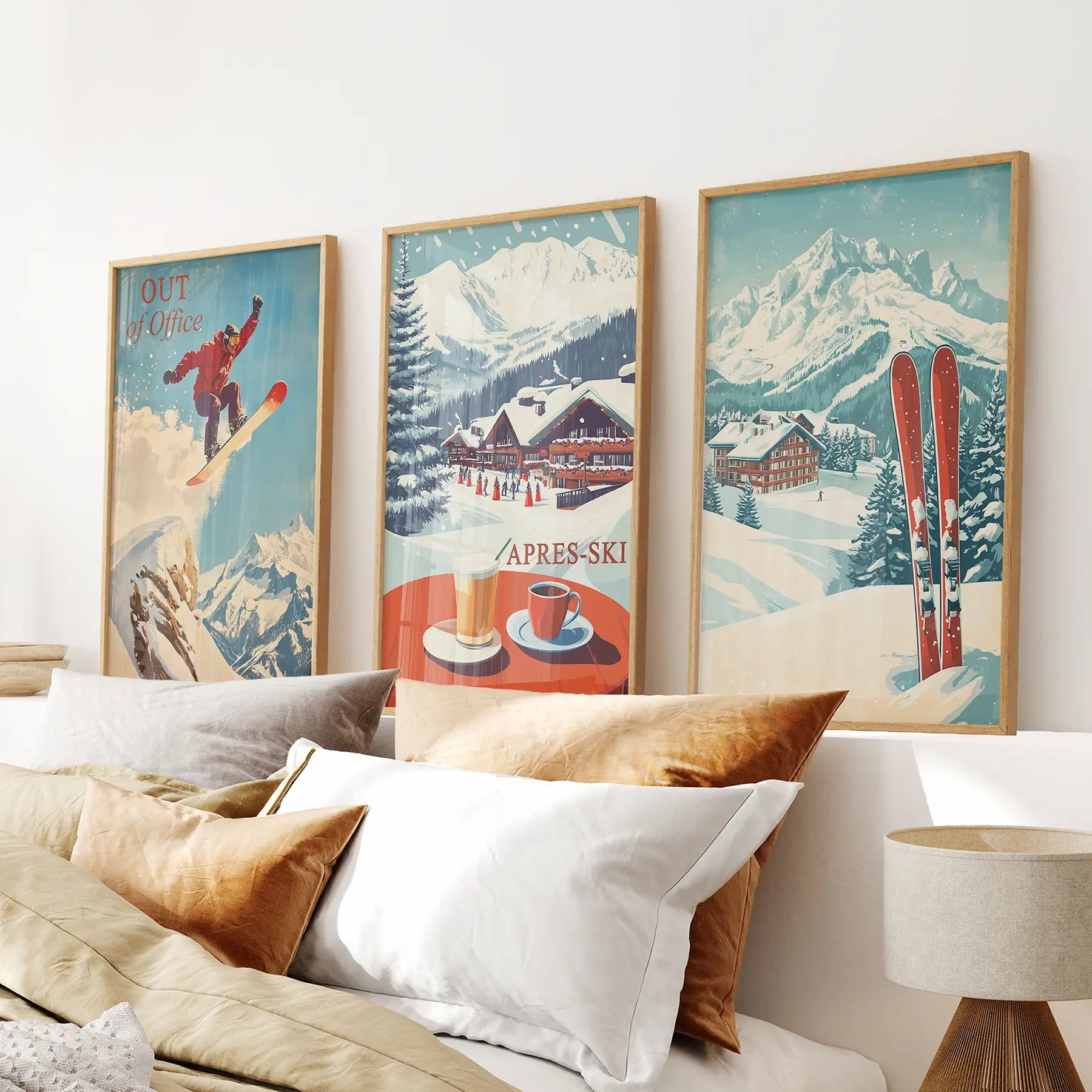 Set of 3 retro ski lodge snowboard apres ski wall art prints