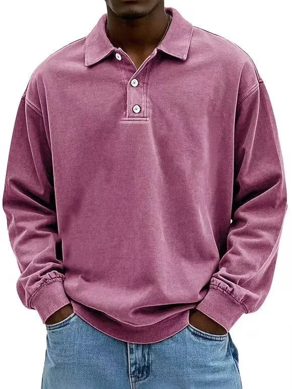 Vintage-wash long-sleeve polo sweatshirt for men in Pink shown in a casual pose