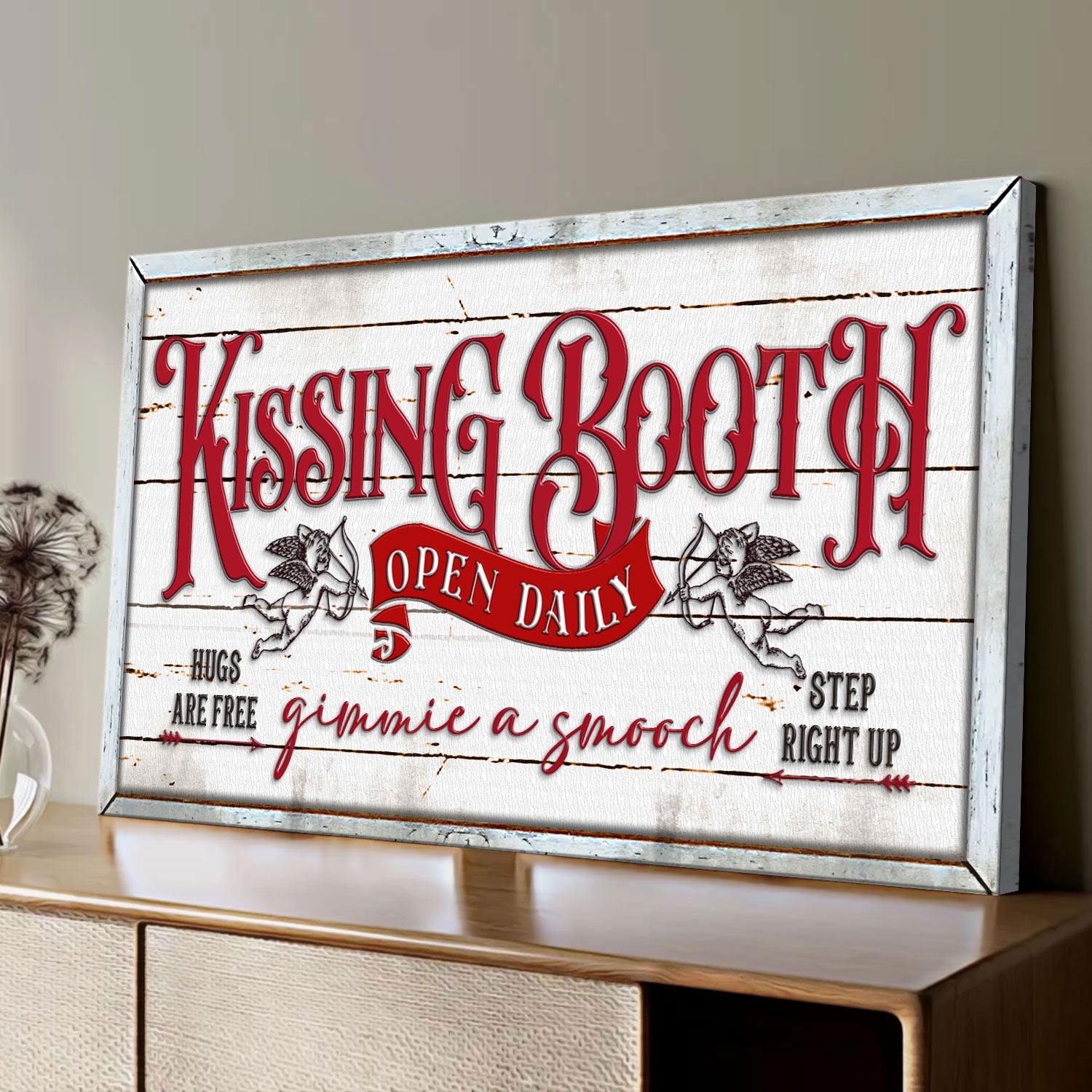 Vintage rustic kissing booth canvas wall art sign with farmhouse style