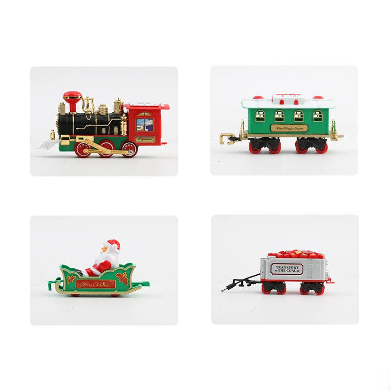 Vintage Christmas locomotive with Santa sleigh, gift car and passenger car on black track