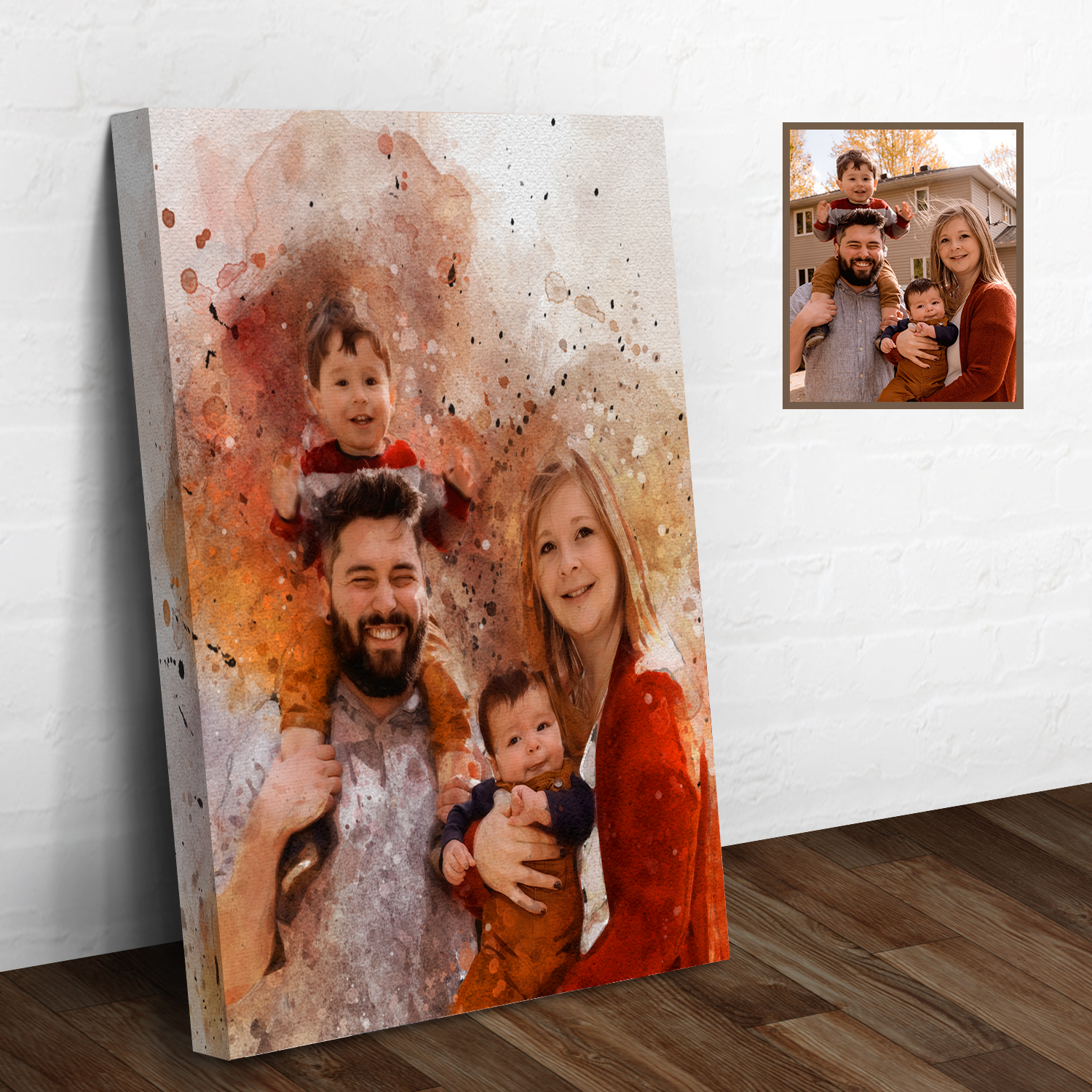 Family watercolor portrait canvas sign with soft hand-painted look
