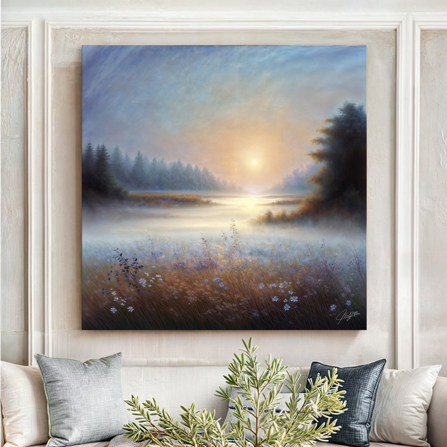 Misty Serenade serene landscape canvas wall art with soft mist and gentle tones