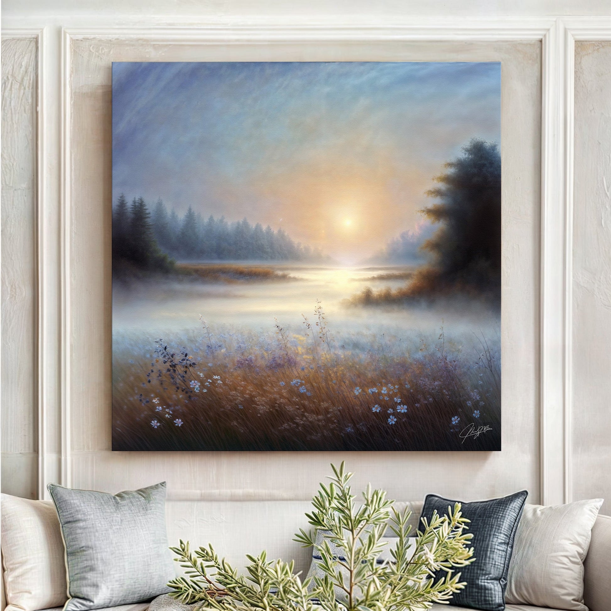 Misty Serenade serene landscape canvas wall art with soft mist and gentle tones