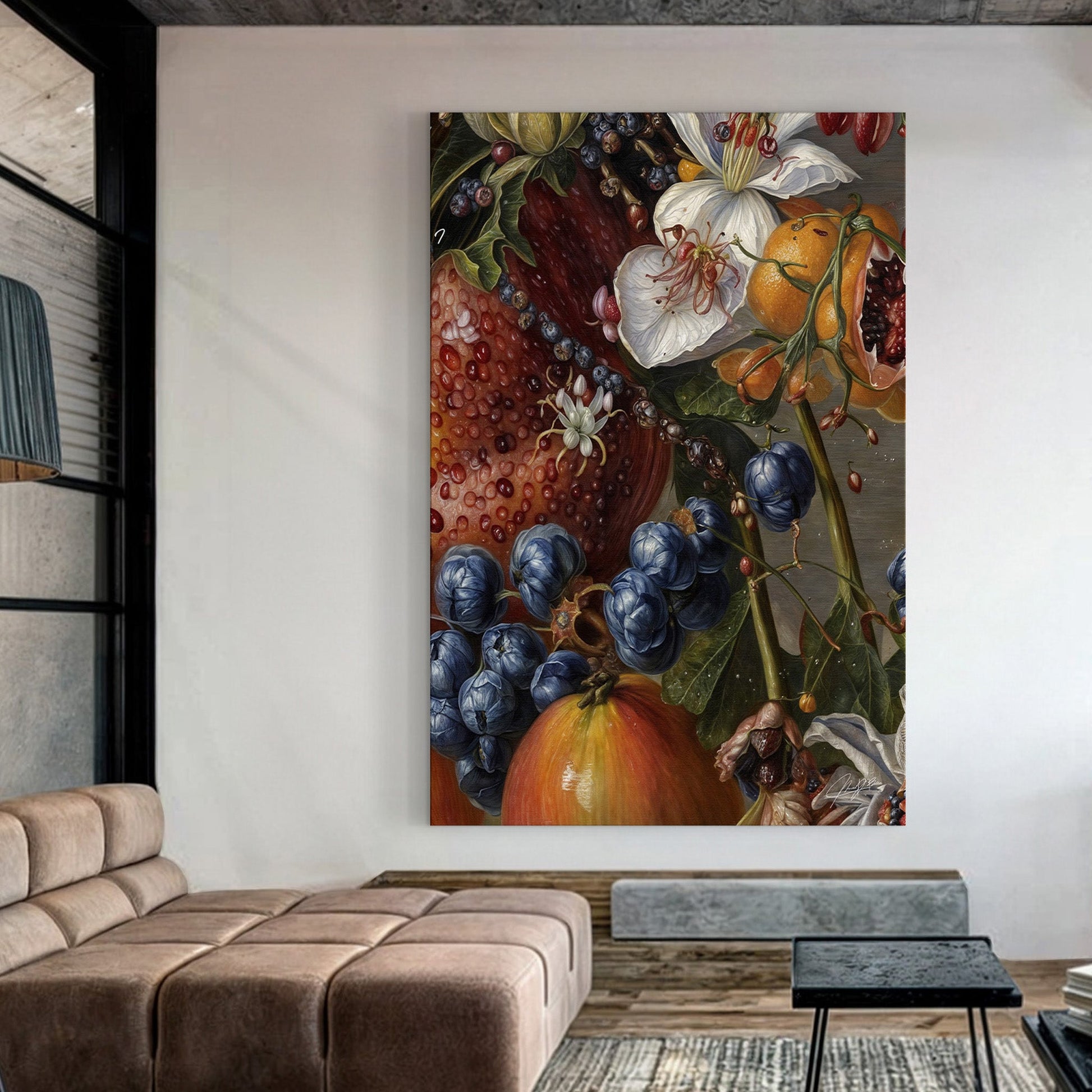 Baroque Bounty classic floral still life canvas art with opulent arrangement of fruits and flowers