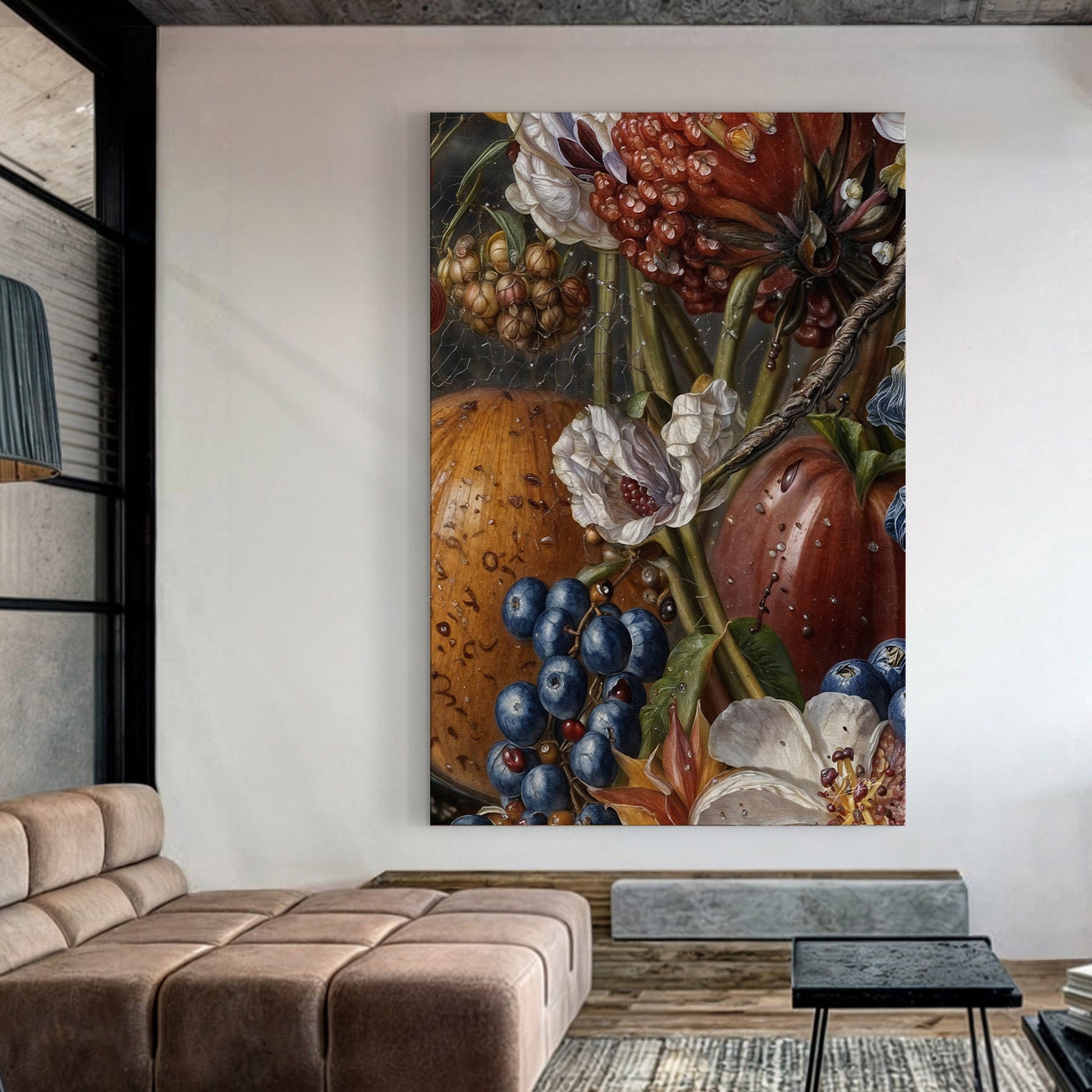 Baroque Bounty floral still life canvas wall art with vibrant fruits and flowers in classical style