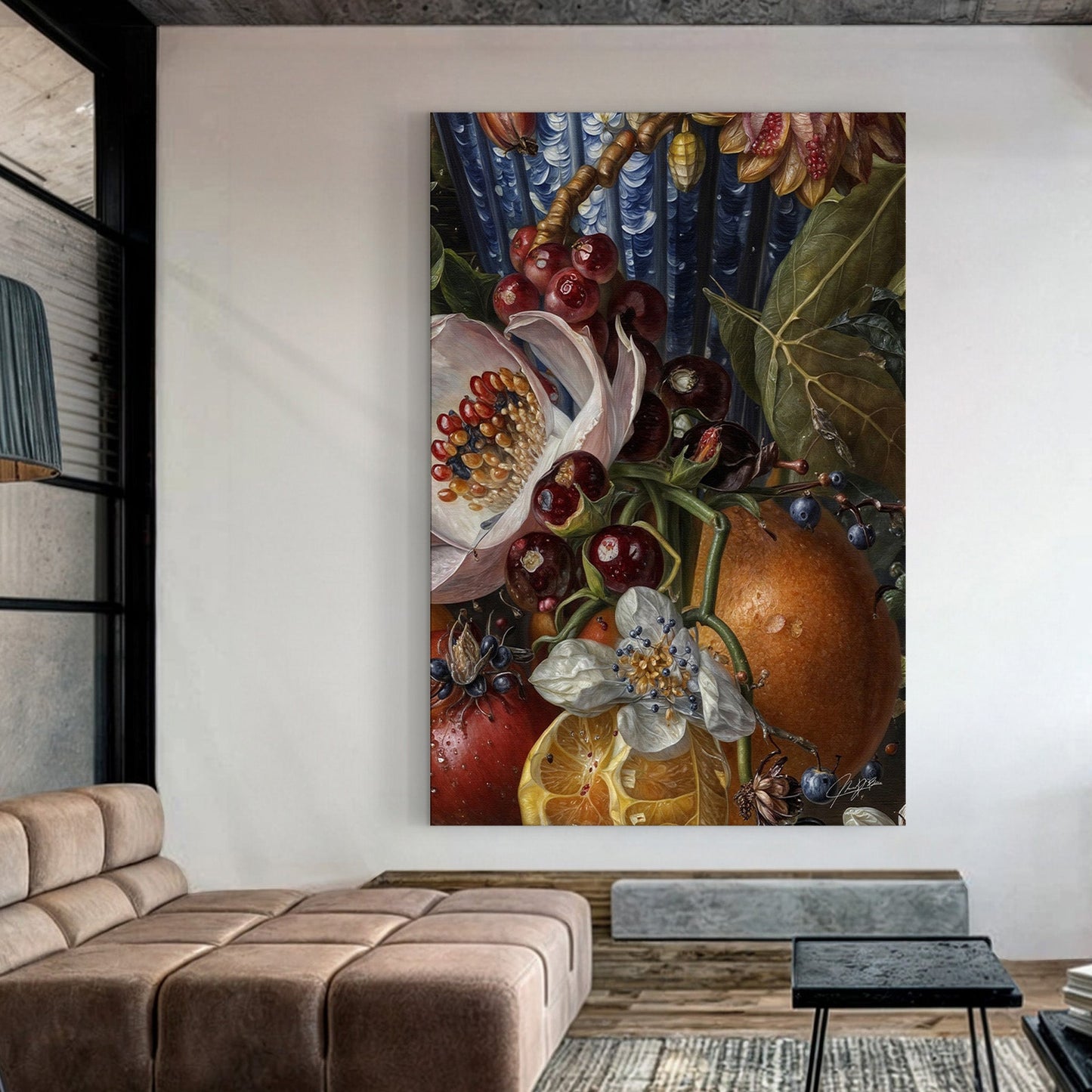 Baroque Bounty floral canvas print with rich fruits and flowers in baroque still life style