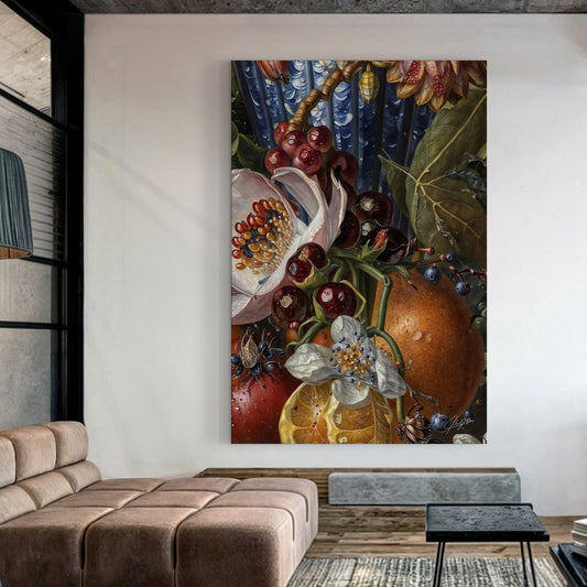 Baroque Bounty floral canvas print with rich fruits and flowers in baroque still life style