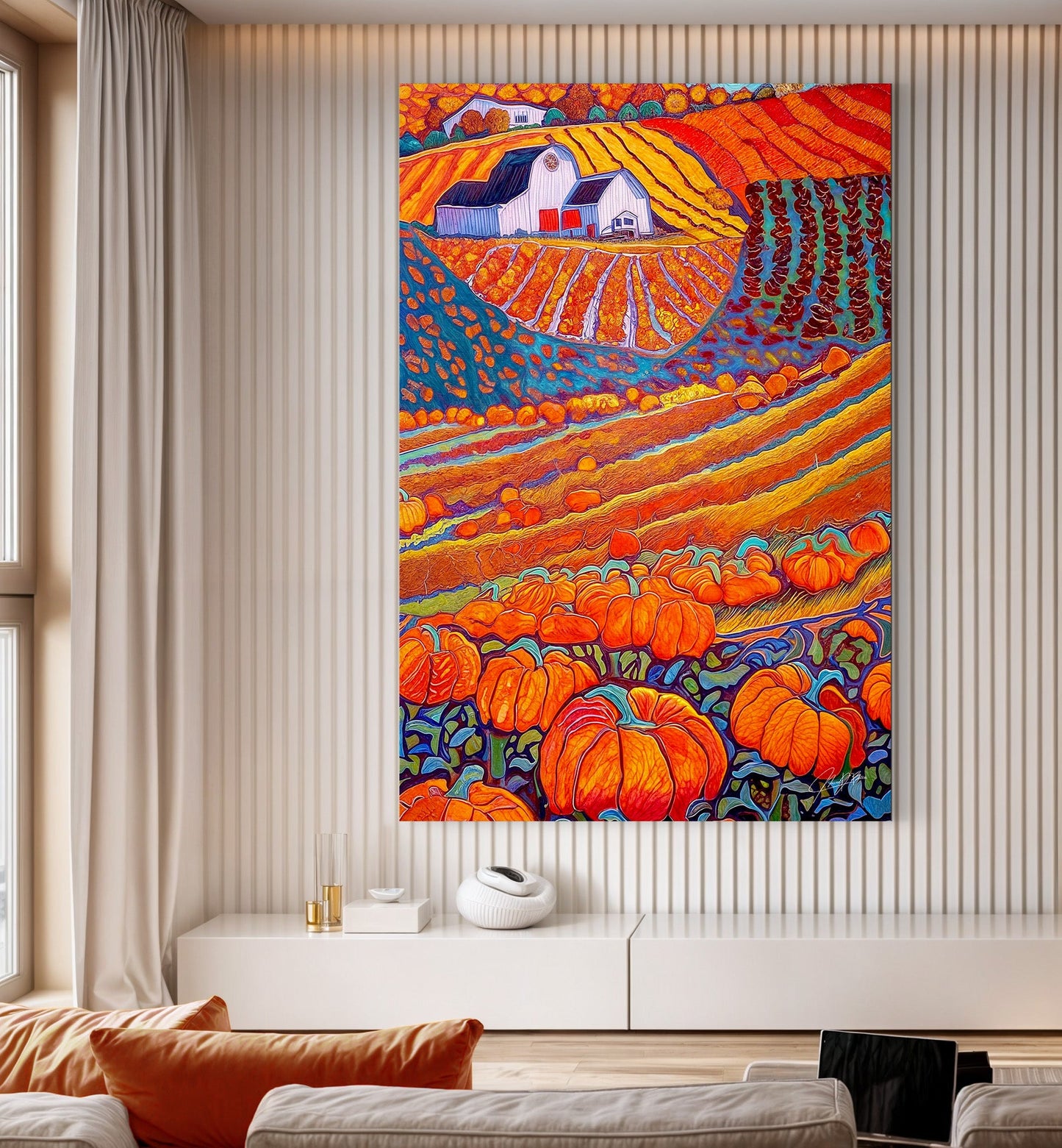 Harvest Hues autumn landscape canvas with pumpkins and golden rolling fields