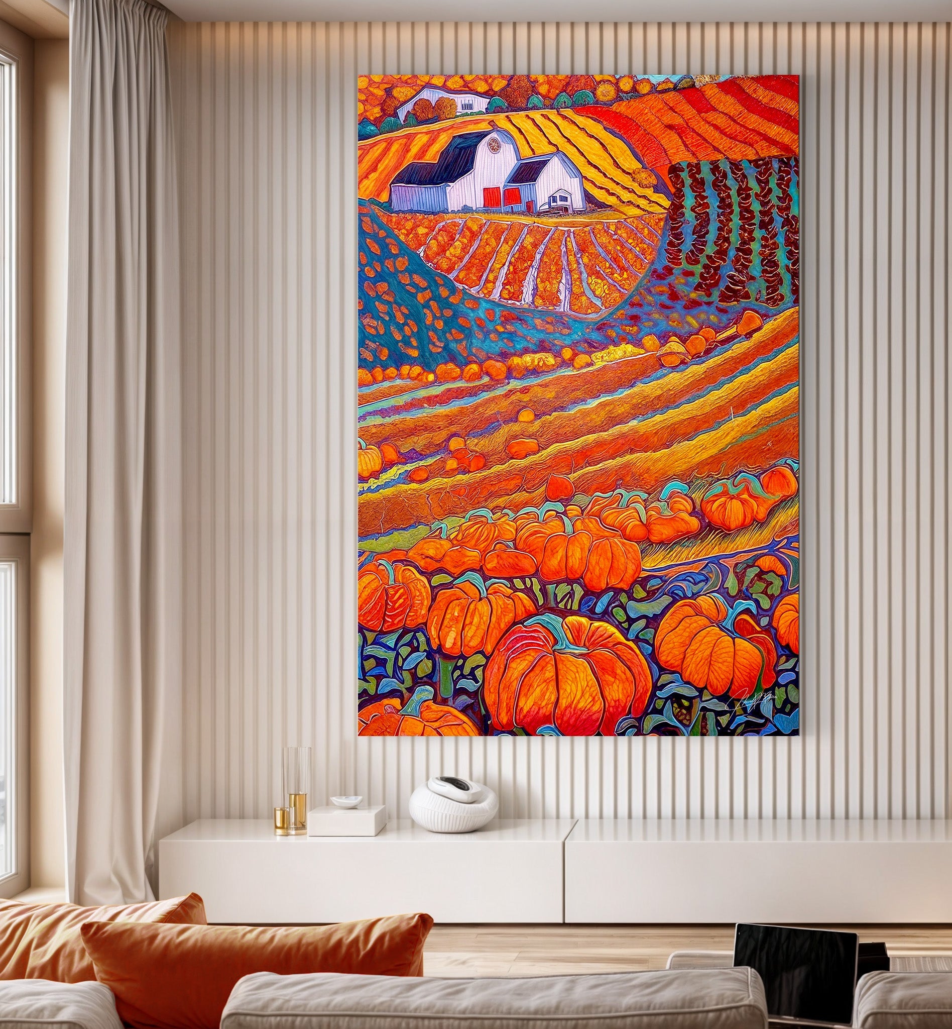 Harvest Hues autumn landscape canvas with pumpkins and golden rolling fields