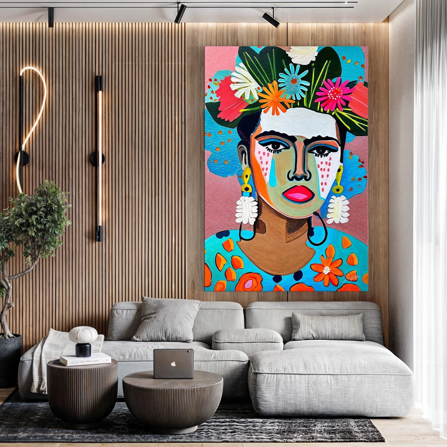 Floral Muse II portrait with colorful flowers canvas wall art