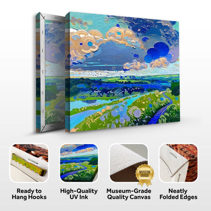 Clouds and river valley canvas front and side, with text: Ready to Hang Hooks, High-Quality UV Ink, Museum-Grade Quality Canvas, Neatly Folded Edges
