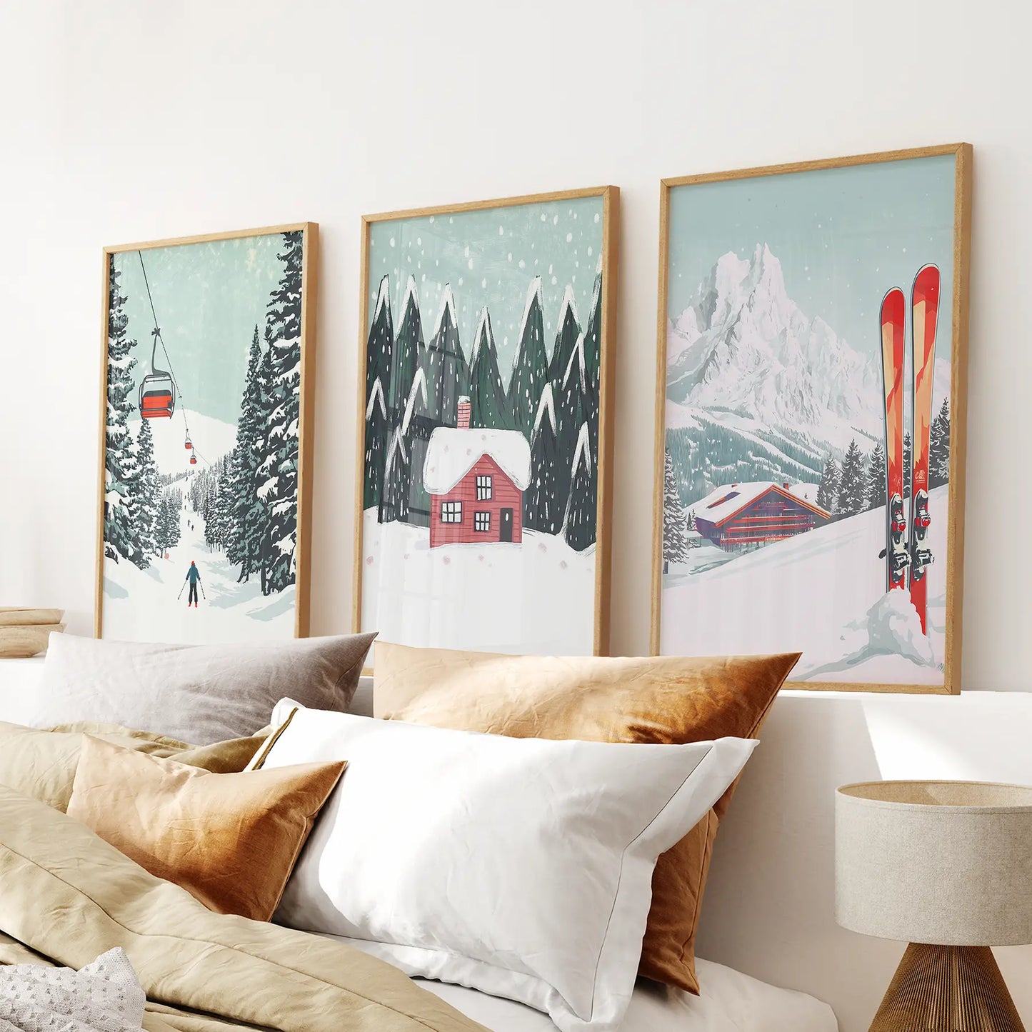 Ski lifts cozy cabin snowy peaks wall art set of 3 prints