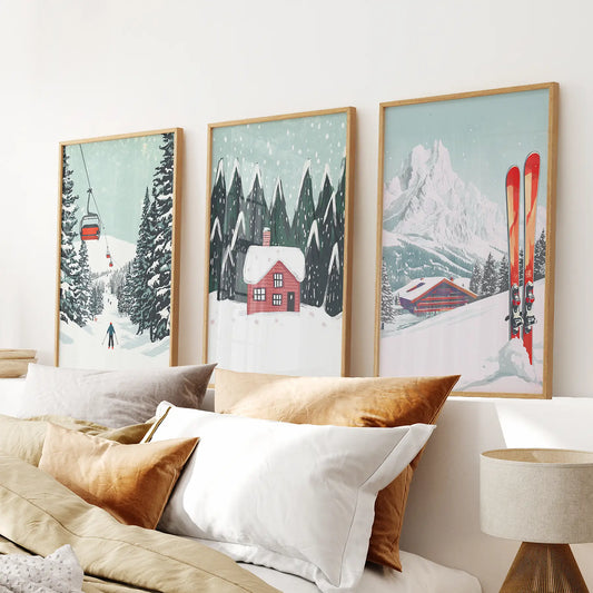 Ski lifts cozy cabin snowy peaks wall art set of 3 prints