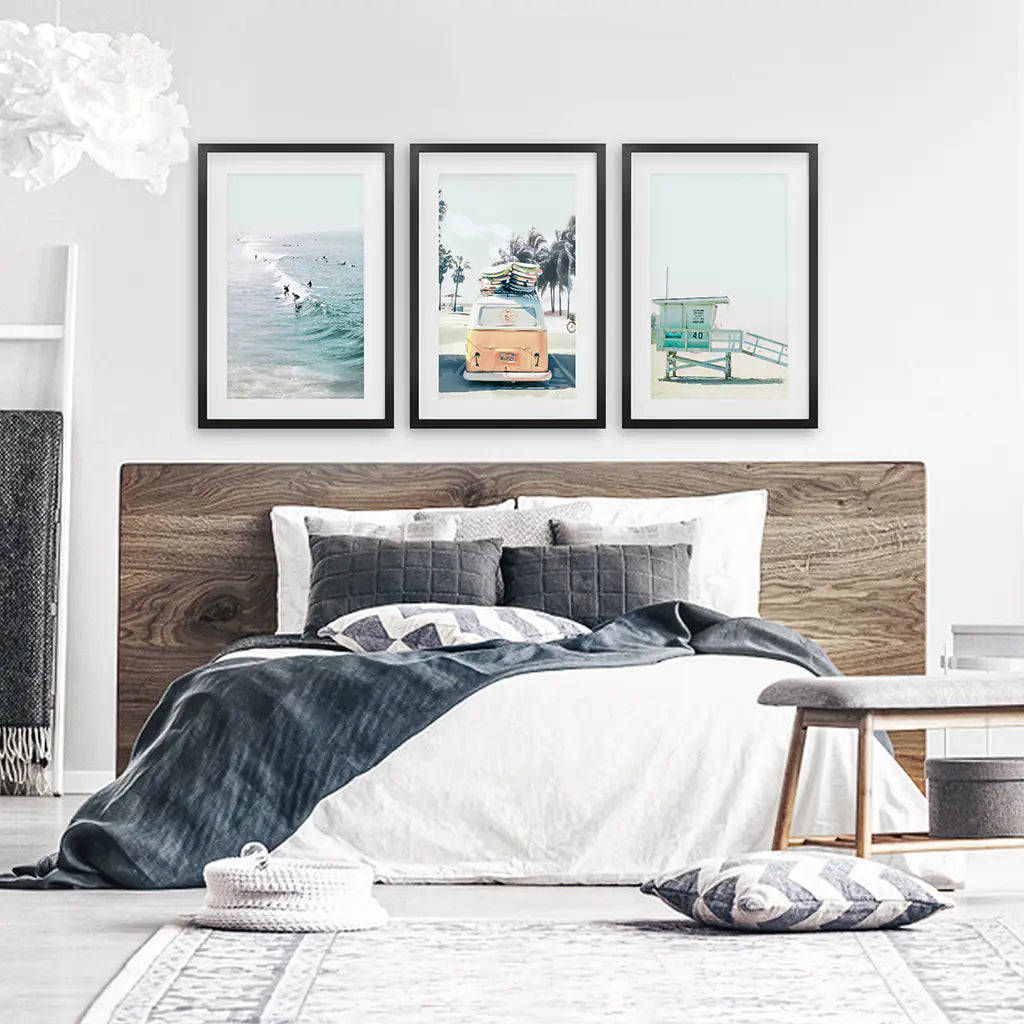California Surf Wall Art Set of 3. Surfers, Van, Lifeguard