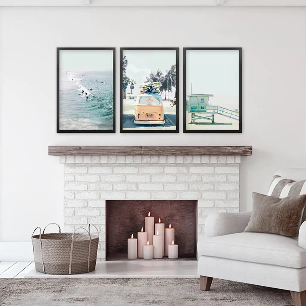 California Surf Wall Art Set of 3. Surfers, Van, Lifeguard