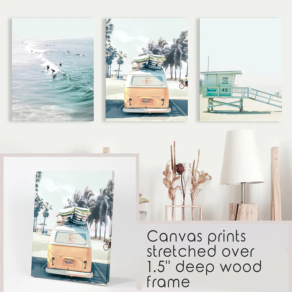 California Surf Wall Art Set of 3. Surfers, Van, Lifeguard