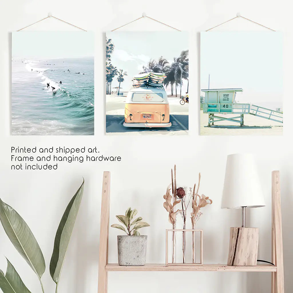 California Surf Wall Art Set of 3. Surfers, Van, Lifeguard