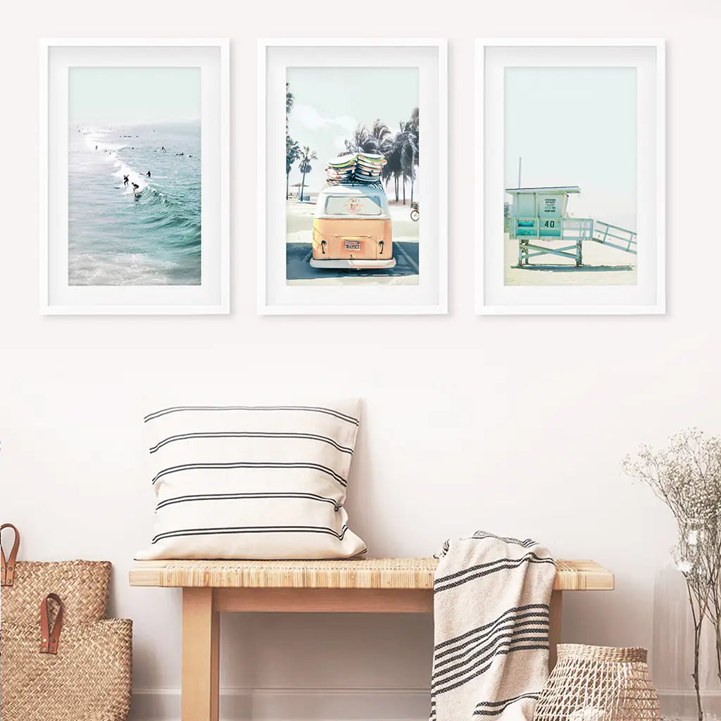California Surf Wall Art Set of 3. Surfers, Van, Lifeguard