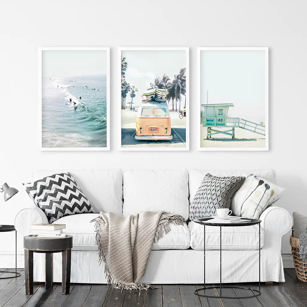 California Surf Wall Art Set of 3. Surfers, Van, Lifeguard